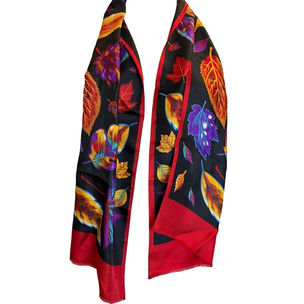 Vintage‎ Fall Leaves Scarf Black Red Border Multicolor Autumn Foliage Oblong